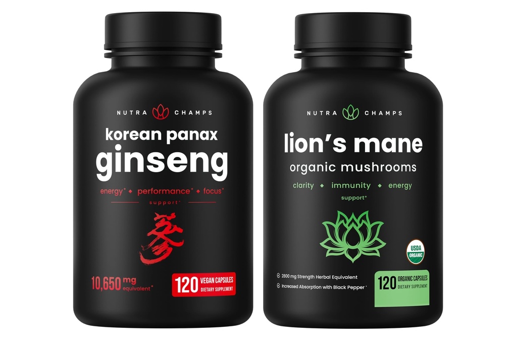 NutraChamps Capsules Ginseng coréennes et Lions Mane Capsules 2 Pack Bundle