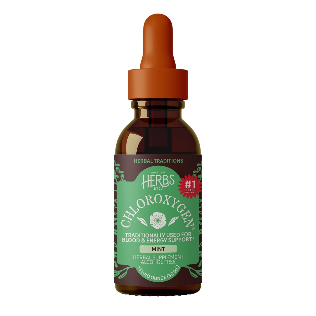Herbs Etc. ChlorOxygen Chlorophyll Concentrate Mint Alcohol Free Liquid Extract - Liquid Chlorophyll Drops - Detoxifying & Deodorizing - Skin, Gut & Energy Support - 1 fl oz (66 Servings)