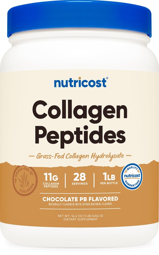 Poudre de peptides de collagène de Nutricost (arôme de beurre d'arachides de chocolat) 1 LB - Hydrolysat de collagène d'herbe, sans gluten