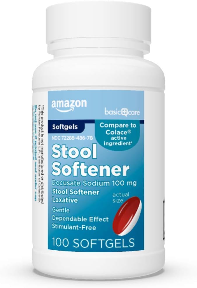 Basic Care Stool Softener Laxative, Docusate Sodium 100 mg, Softgels, für Constipation Relief, 100 Count