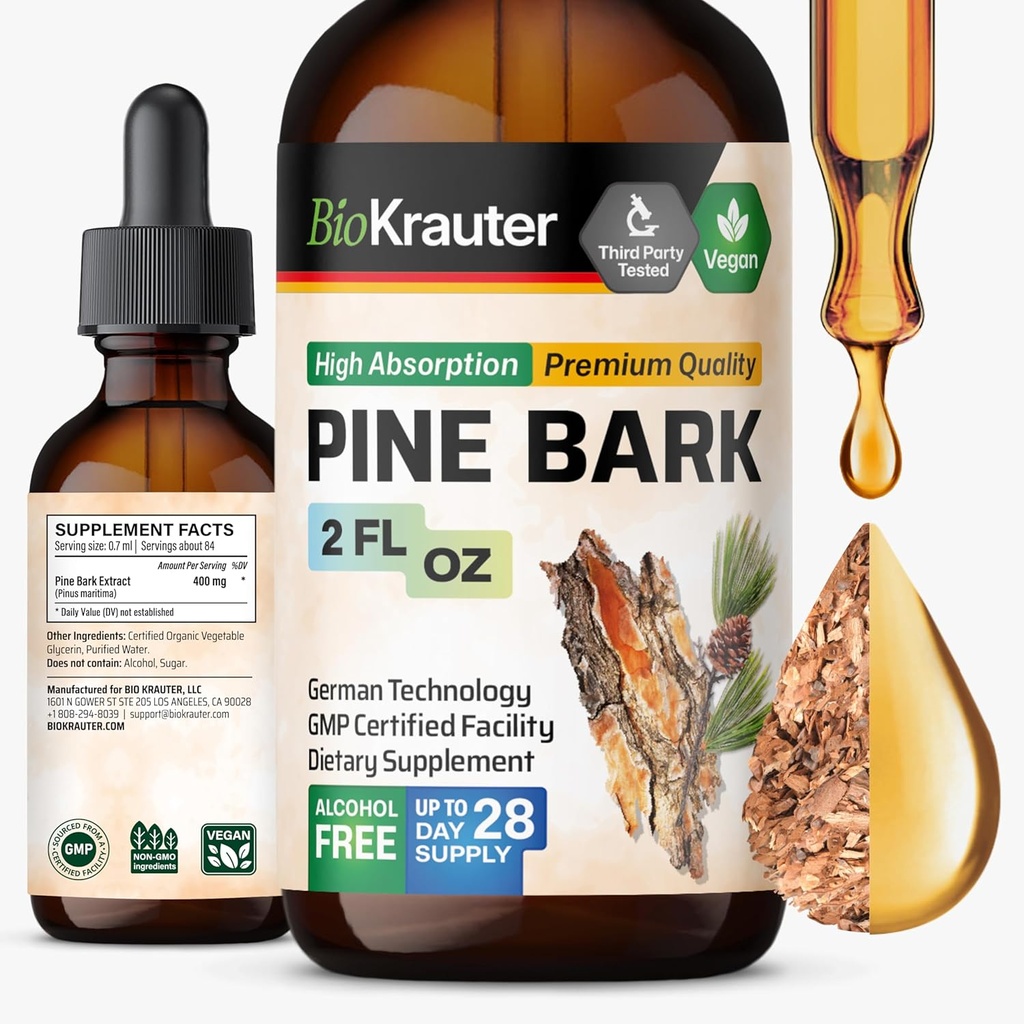 BIO KRAUTER Pine Bark Extract - Reich an Antioxidantien Liquid Supplement - 400 mg Französisch Maritime Pine Bark Extrakt Tropfen - Vegan, Alkohol &amp; Zucker frei - 2 Fl Oz