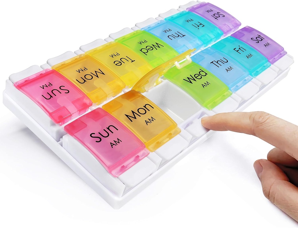 MOLN HYMY Large Pill Organizer 2 Mal am Tag, PM Pille Box 7 Tag, 14 Taucher 2 Woche Medizin Pille Organizer mit einfachem Push-Knopf für Medikamente, Vitamine, Fischöle, Ergänzungen