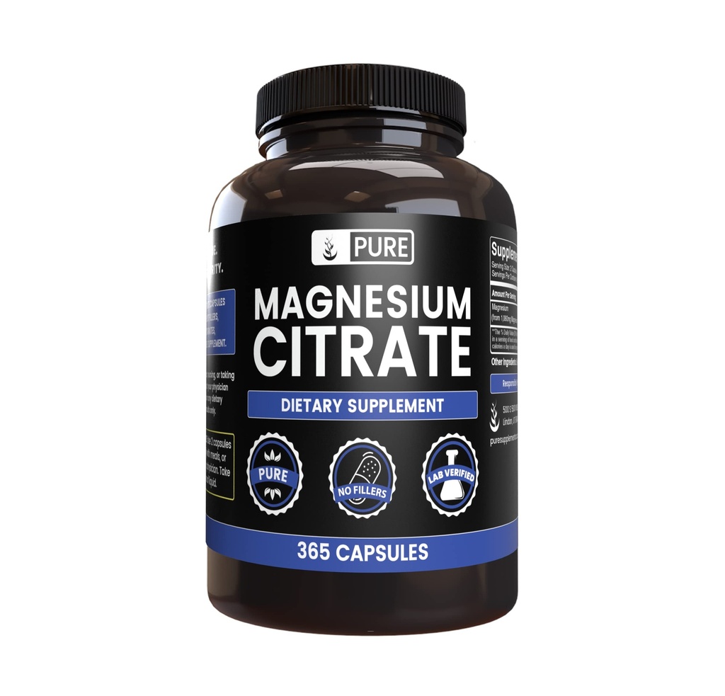 Pure Original Zutaten Magnesium Citrat (365 Kapseln) keine Magnesium- oder Reisfüller, Immer rein, Lab Verifiziert