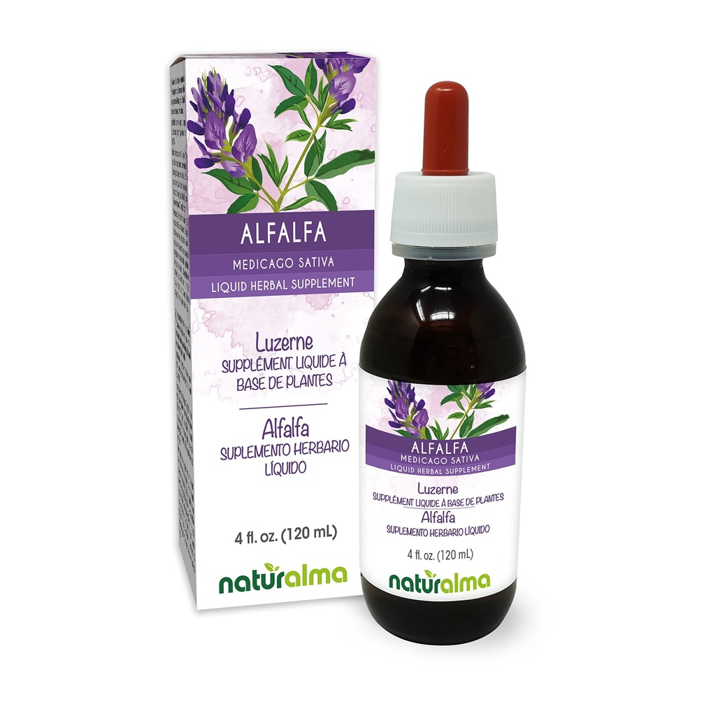 Naturalma Alfalfa oder Lucerne (Medicago Sativa) Kräuter mit Blumen Alkoholfreie Tinte - Reich an natürlichem Chlorophyll - 4 fl oz Flüssiger Extrakt in Tropfen - Kräuterergänzung - Vegan