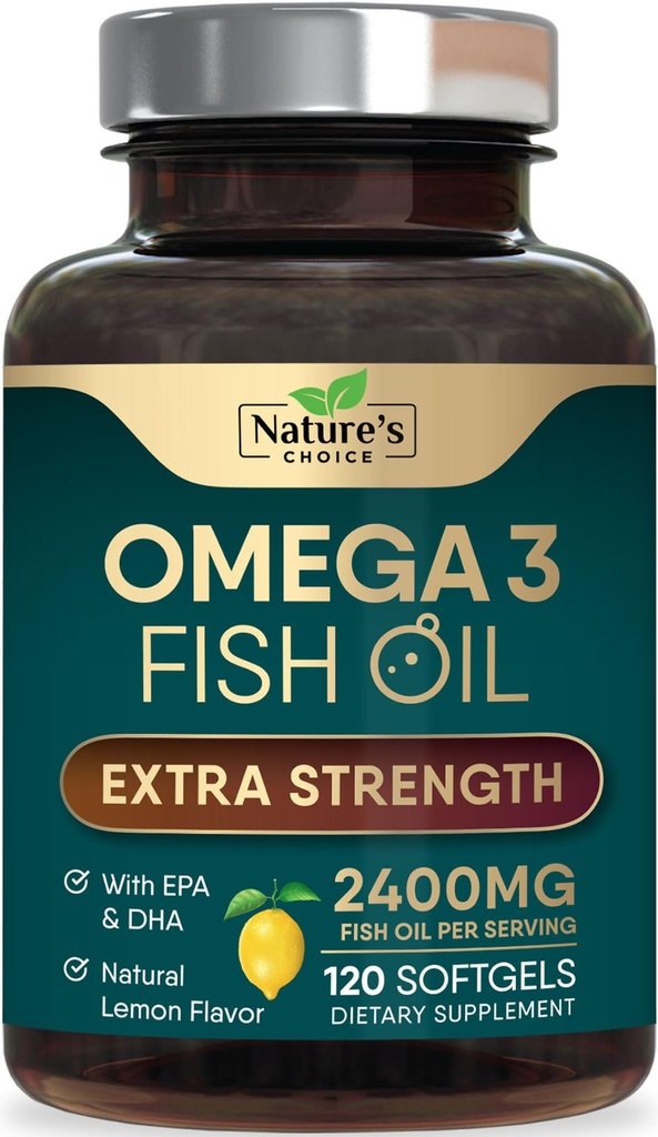 Omega 3 Fischöl-Ergänzung 2400 mg - Dreifache Stärke EPA & DHA Fischöl Omega 3, essentielle Fettsäuren Ergänzung Softgele, Gehirn & Herz-Gesundheits-Ergänzungen, Gluten Free Non-GMO, 120 Softgels