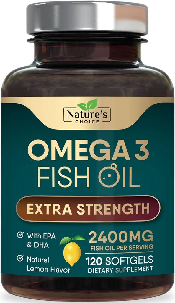 Omega 3 Fischöl-Ergänzung 2400 mg - Dreifache Stärke EPA & DHA Fischöl Omega 3, essentielle Fettsäuren Ergänzung Softgele, Gehirn & Herz-Gesundheits-Ergänzungen, Gluten Free Non-GMO, 120 Softgels