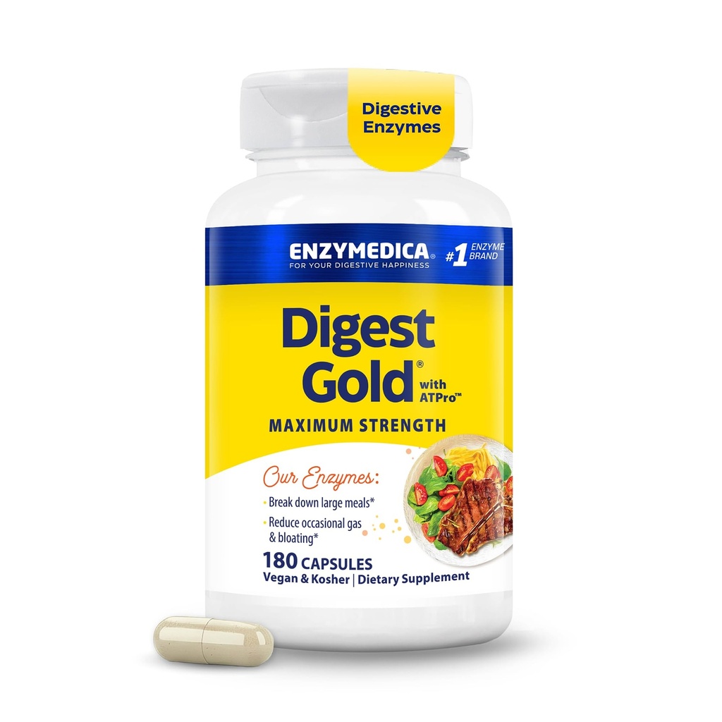 Enzymedica Digest Gold + ATPro, Maximale Stärke, Fast-Acting, hilft Digest große Mahlzeiten, verhindert Bloating und Gas, 180 Count (FFP)