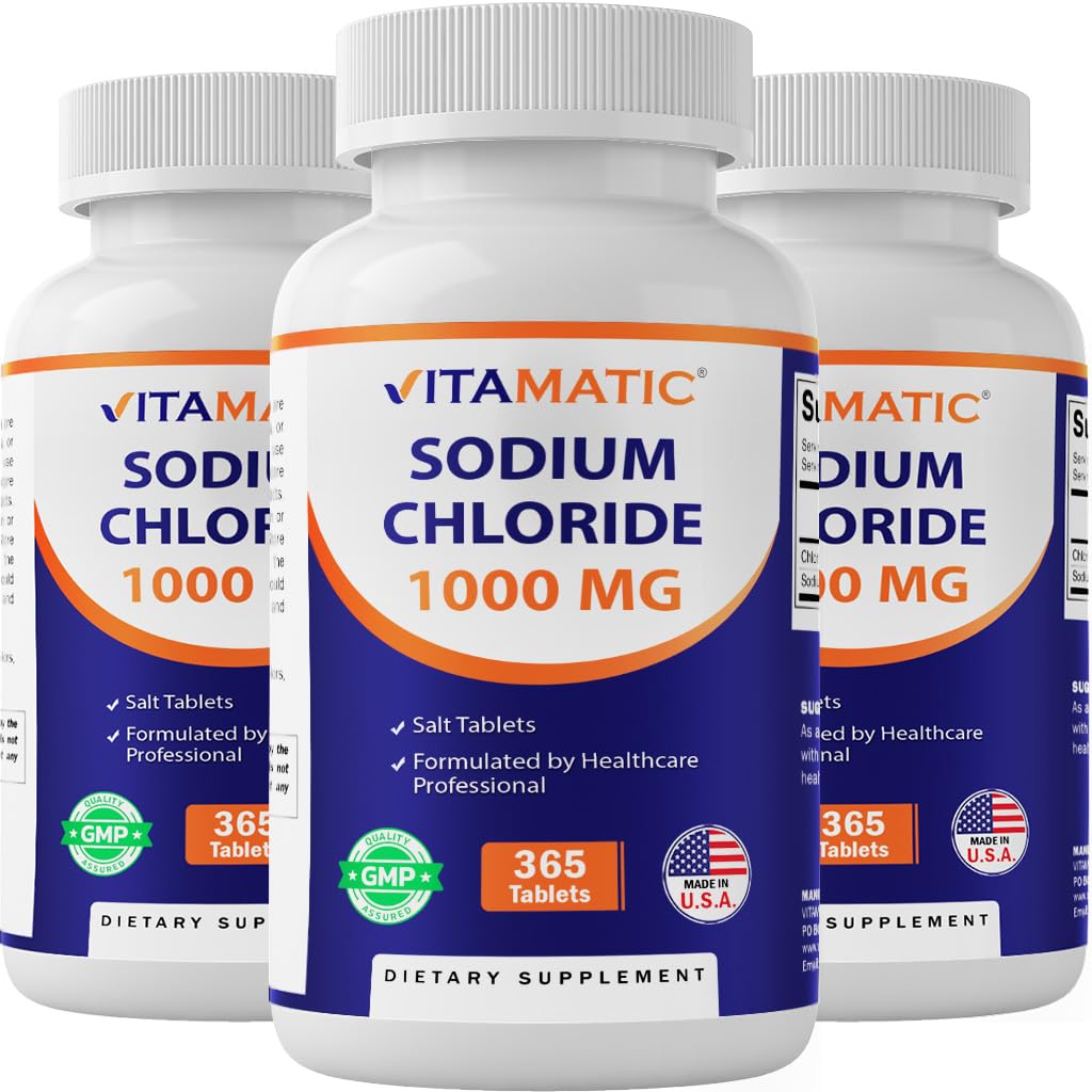 Chlorure de sodium vitamatique 1000mg – 365 comprimés Electrolyte Replenisher & Support d'hydratation – Non-OGM, sans gluten -3 bouteilles