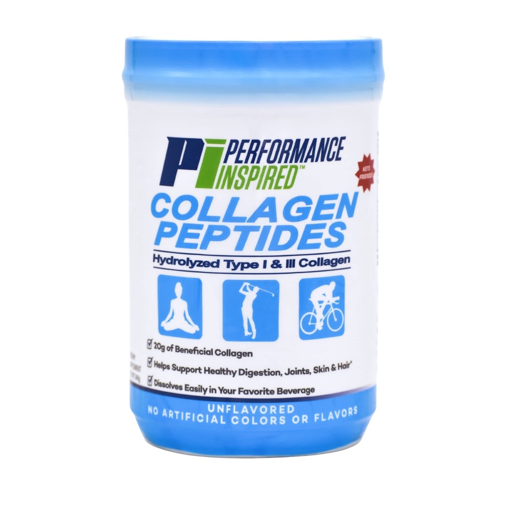 PERFORMANCE INSPIRED Nutrition Hydrolysed Collagen Peptides Poudre – 18g Protéines – Collagène de type I et III – articulation, peau, ongles et soutien digestif – Tous naturels – non aromatisés