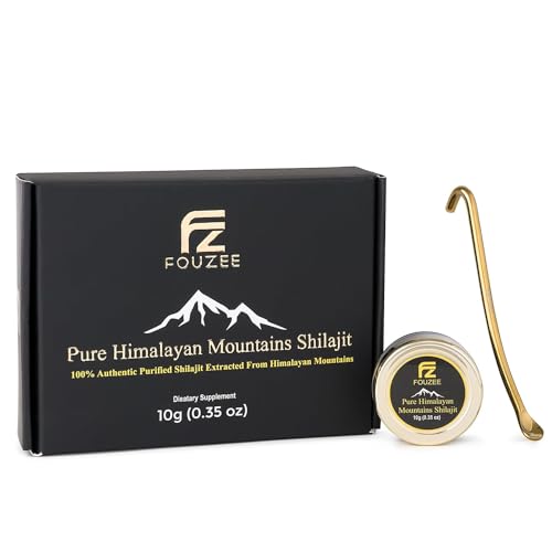 FOUZEE Pure Himalayan Berge Shilajit - 77% + Fulvic Säure Authentic Hard Consistency, natürliche Quelle von Fulvic Säure, über 85 Trace Minerals, enthält Edelstahl Spoon (10 Gramm)