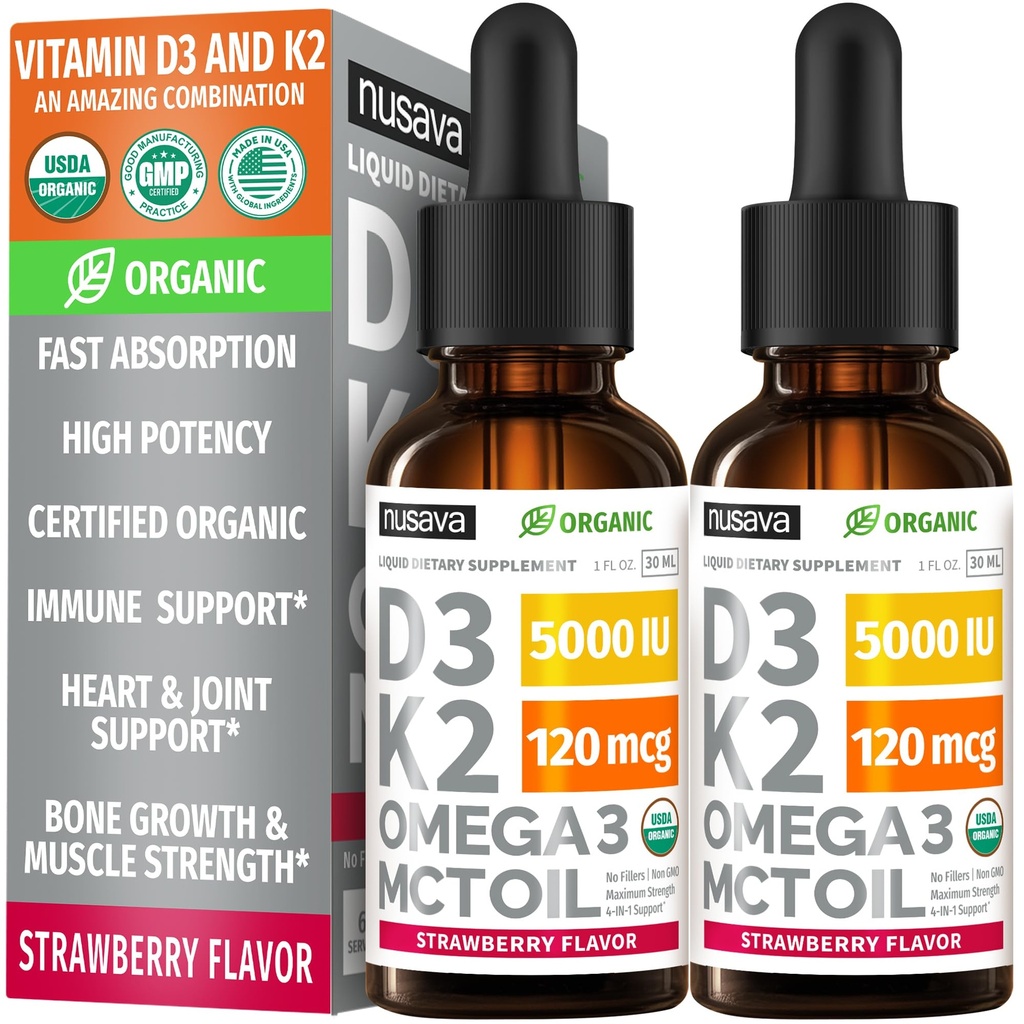(2 Pack) Bio-Vitamin D3 K2 Tropfen 5000 IU mit MCT-Öl Omega 3 - maximale Stärke Flüssigkeit D3 ohne Füllstoffe, Non-GMO für schnellere Absorption, Immununterstützung (Strawberry, 2 Fl Oz)
