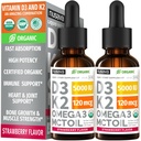 (2 Pack) Bio-Vitamin D3 K2 Tropfen 5000 IU mit MCT-Öl Omega 3 - maximale Stärke Flüssigkeit D3 ohne Füllstoffe, Non-GMO für schnellere Absorption, Immununterstützung (Strawberry, 2 Fl Oz)