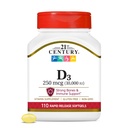 21e siècle Vitamine D3 250 mcg (10 000 UI) Softgels à libération rapide, 110 Compte