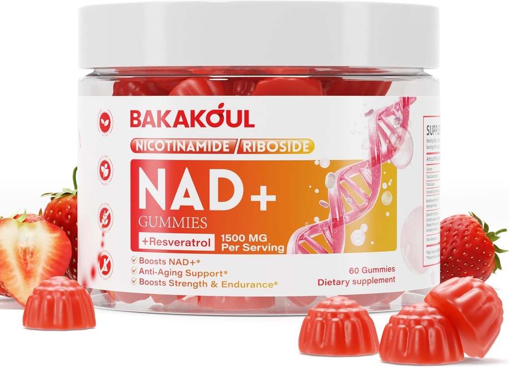 NAD Gummies, NAD Ergänzung - Liposomal Nicotinamid Riboside, Resveratrol, Quercetin, NAD Nicotinamid Riboside Resveratrol 900mg, NAD+ Beilage für Herren und Frauen, 60 Gummies 1 Pack