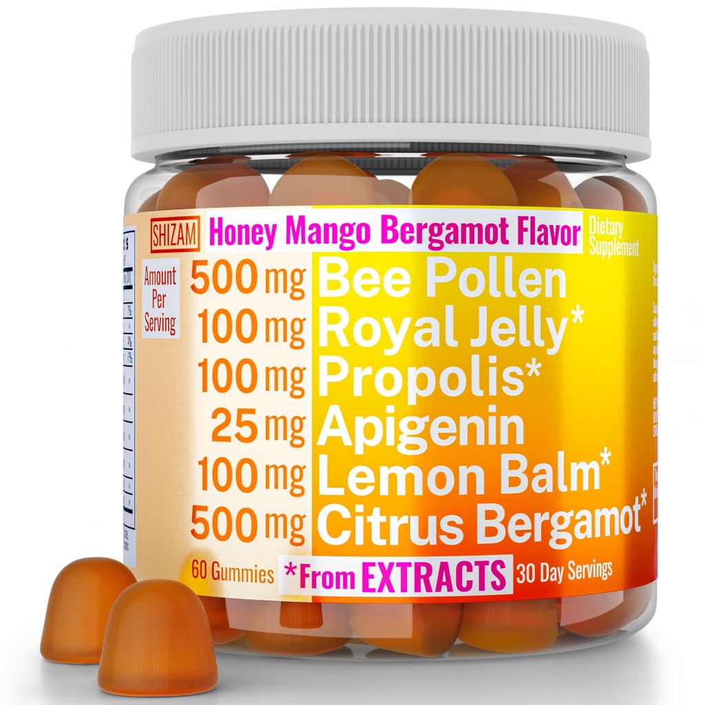 Bienen Pollen Apigenin Citrus Bergamotte Gummis w Organic Propolis Royal Jelly Honey Lemon Balm Extract, Ergänzung für Männer Kinder, Tinktur Tropfen Pulver Kapsel Kräuter Kapseln ergänzt Alt, Pollan Polen