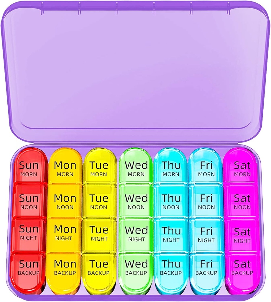 Odaro Weekly Pill Organizer 4 Times a Day, Daily Pill Box 7 Day, Large Travel Pill Case with 28 Compartment to Hold Medicine, Vitamin and Supplement - Purple Case