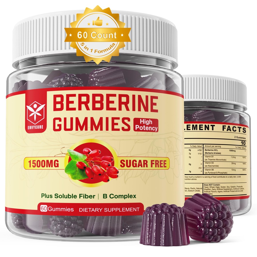 Sugar Free Berberine Gummies, Digestive Balance with 3G Fiber, Vegan, 60cts