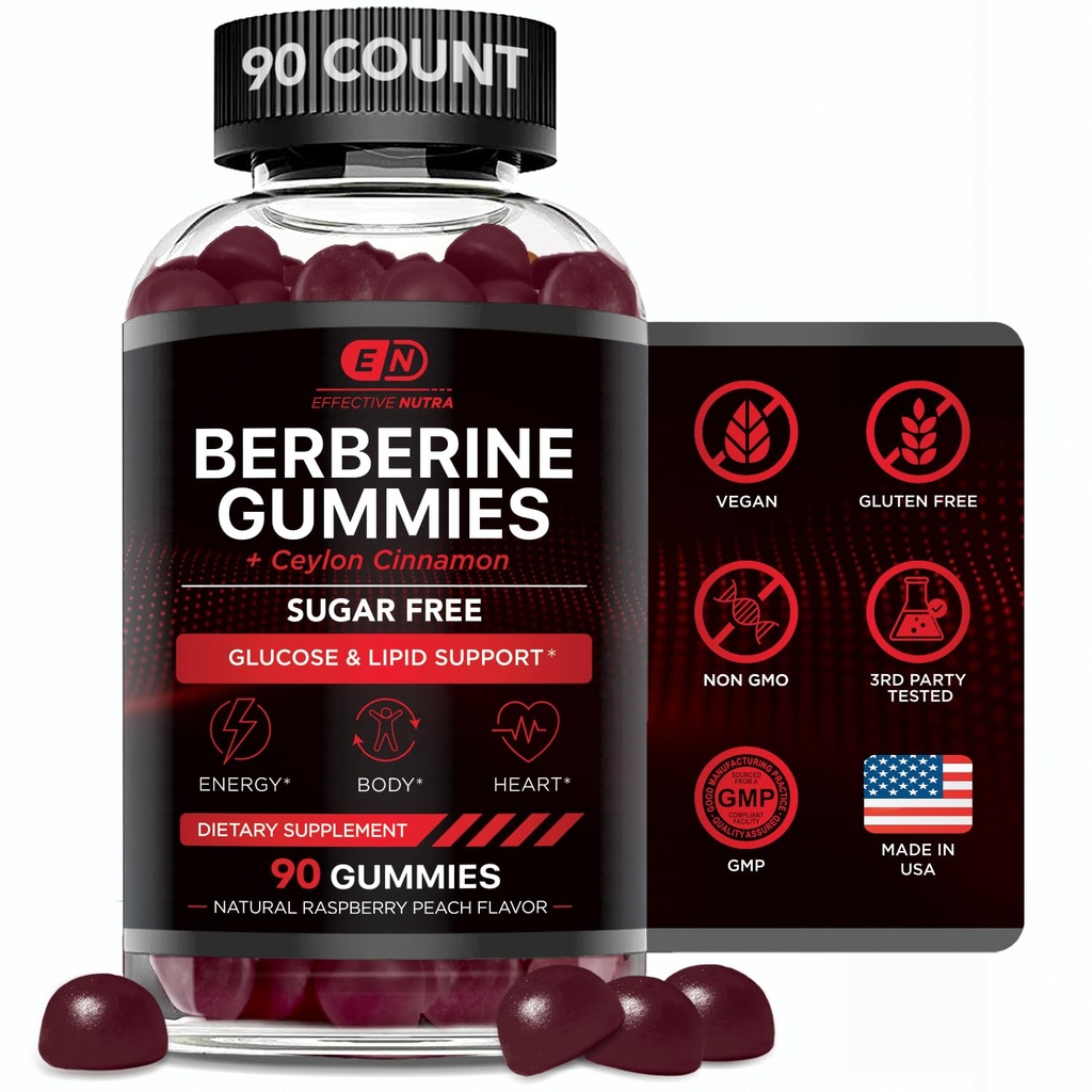 EFFECTIVE NUTRA Berberine Gummis mit Ceylon Cinnamon | Zuckerfreie Ergänzung 1200mg für Blutzuckerunterstützung, Herzgesundheit, Energie | 45-Tage Versorgung, Natürliche Berry Flavor, Made in USA (90 Count)