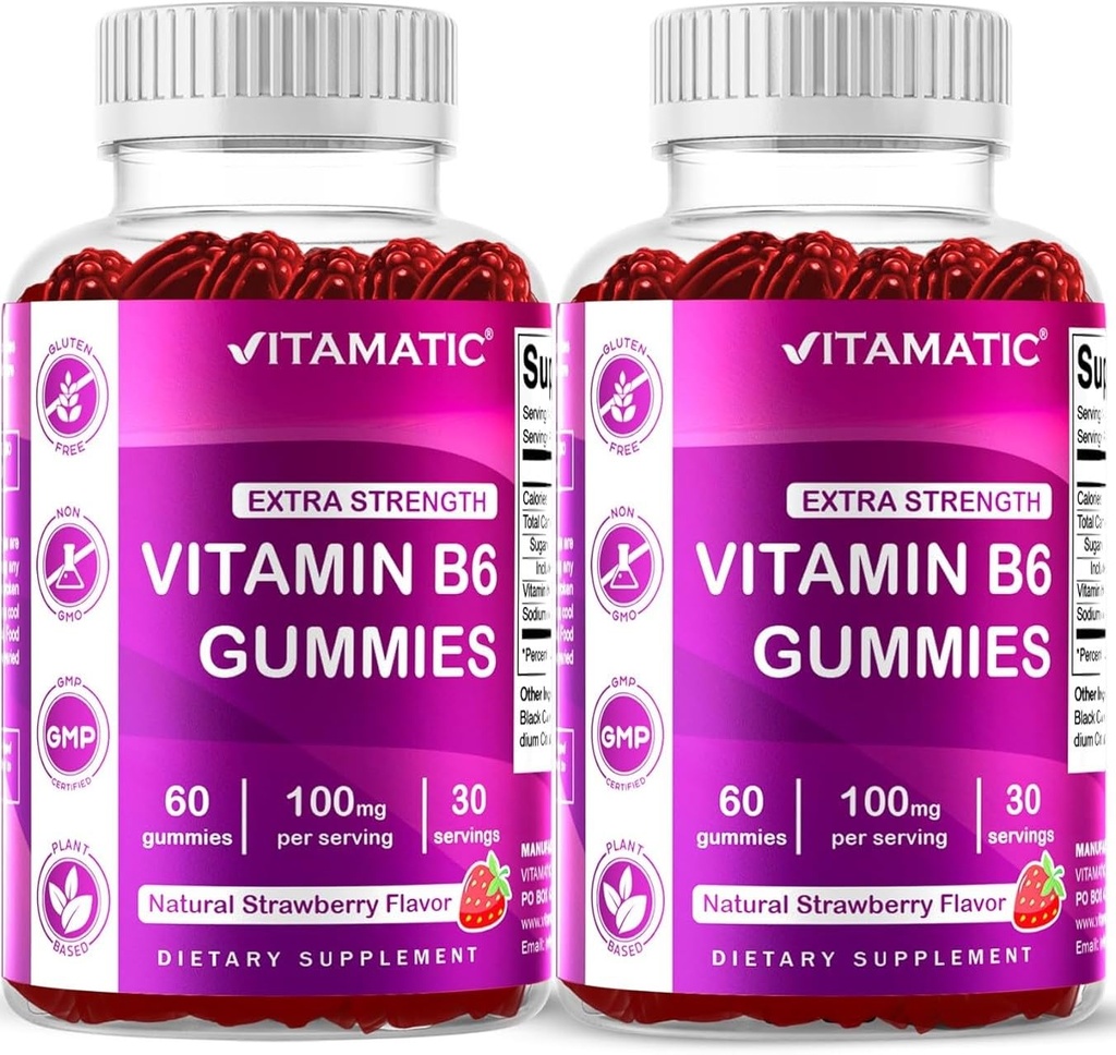 Vitamatic 2 Packs Vitamine B6 100mg Gommies – Saveur de fraise naturelle – 60 Gommies à base de pectine par bouteille – Système nerveux et soutien énergétique