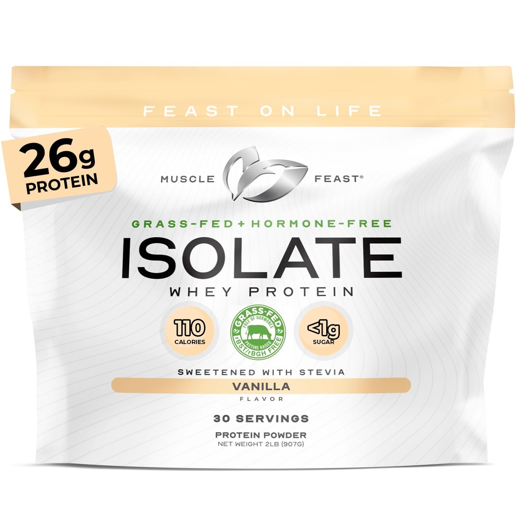 Muscle Feast Grass-Fed Whey Protein Isolate, All Natural Hormon Free Pasture Raised, Whey Isolate Protein Powder für Männer und Frauen, Clean, Gluten-Free, Delicious Isolate Protein - Vanilla, 2lb