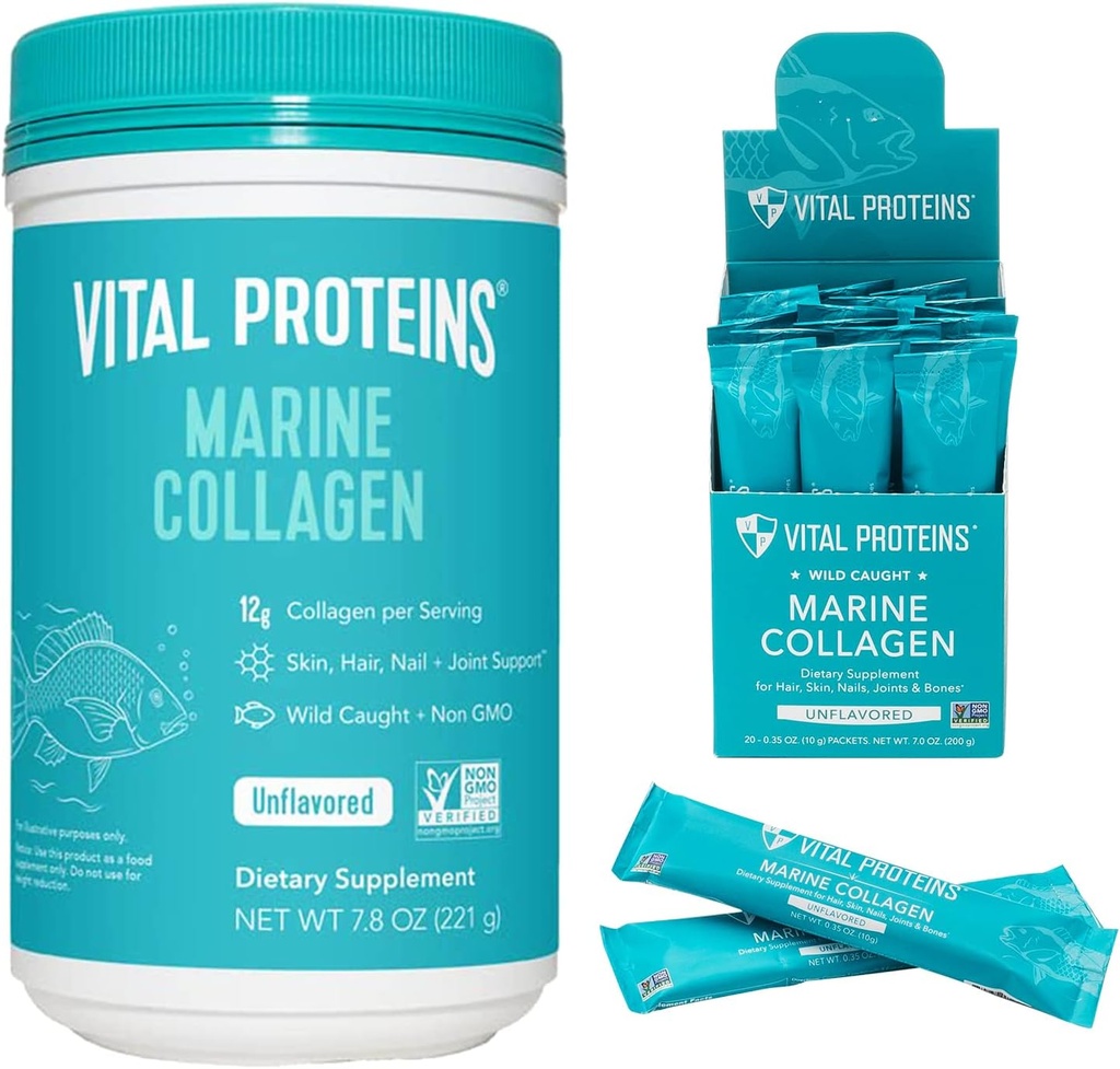 Protéines vitales Supplément de poudre de collagène marin Peptides 7,8 oz Canister + Stick Packs (10 g) (Boîte de 20)