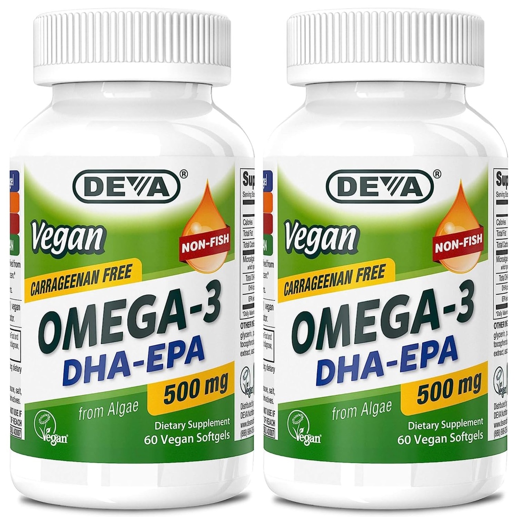 DEVA Vegan Omega-3 DHA-EPA 500MG 2-Pack – Pas de carrageenan, huile non-pêche dérivée d'algues, non-OGM, 60 softgels sans gélatine Ea