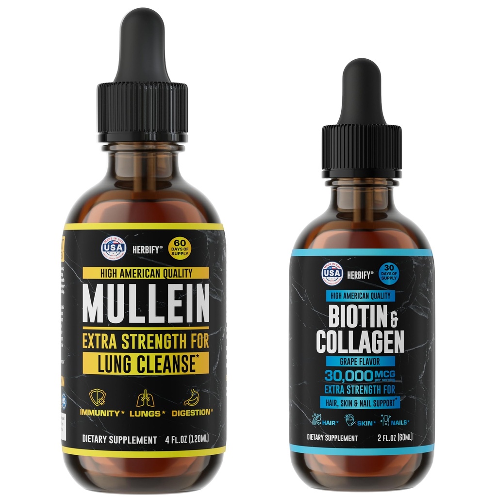 HERBIFY Bundle - Mullein Leaf Extract & Biotin und Collagen - Atemunterstützung & Haar Haut und Nägel Vitamine Unterstützung