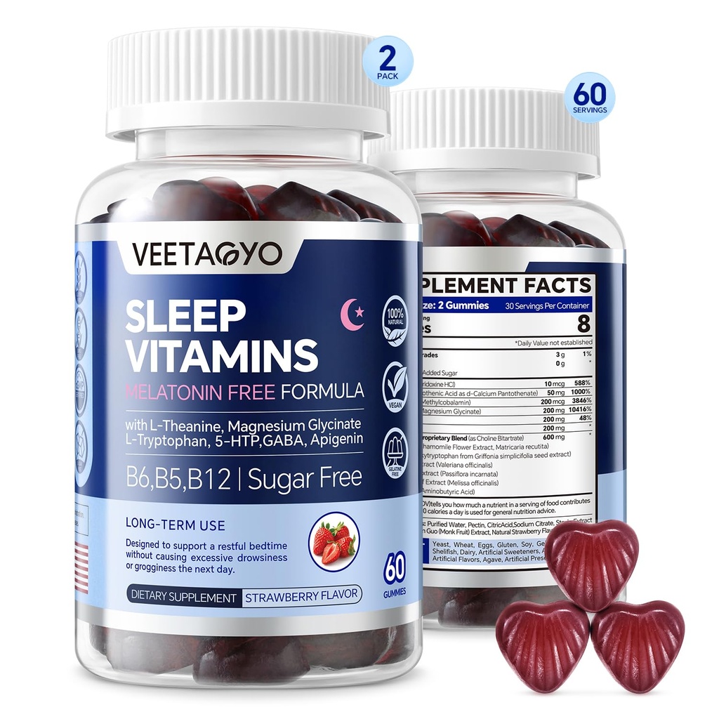 Supplément sans mélatonine 5-HTP GABA Gommies pour adultes et enfants 12+ avec L-Theanine, Magnésium Glycinate, L-Tryptophane, Apigenin - Sans sucre, Fraise Flavor, Vegan, 120 Comte