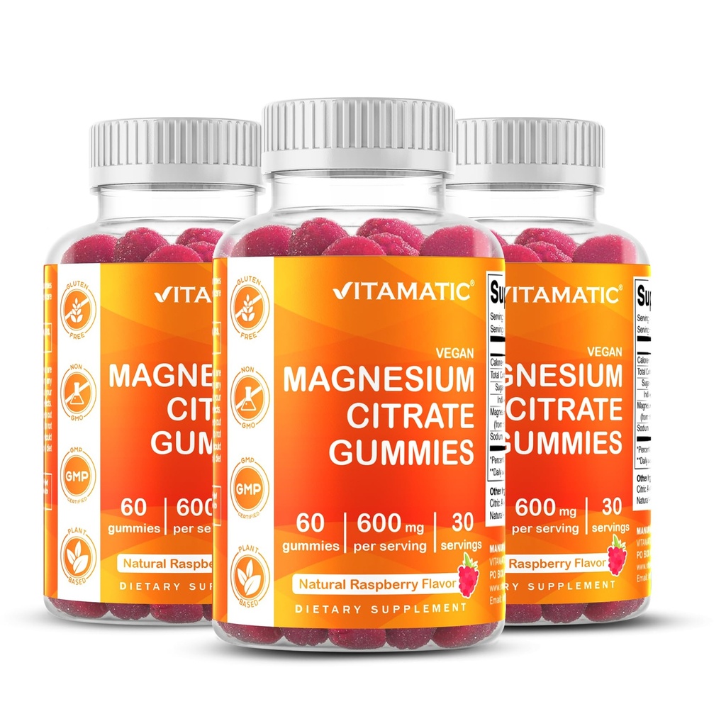 Vitamatic Magnesium Gummies 600mg pro Servierung – 60 Vegangummis – Entspannung, Muskel-, Knochen- und Energieunterstützung – 3 Pack