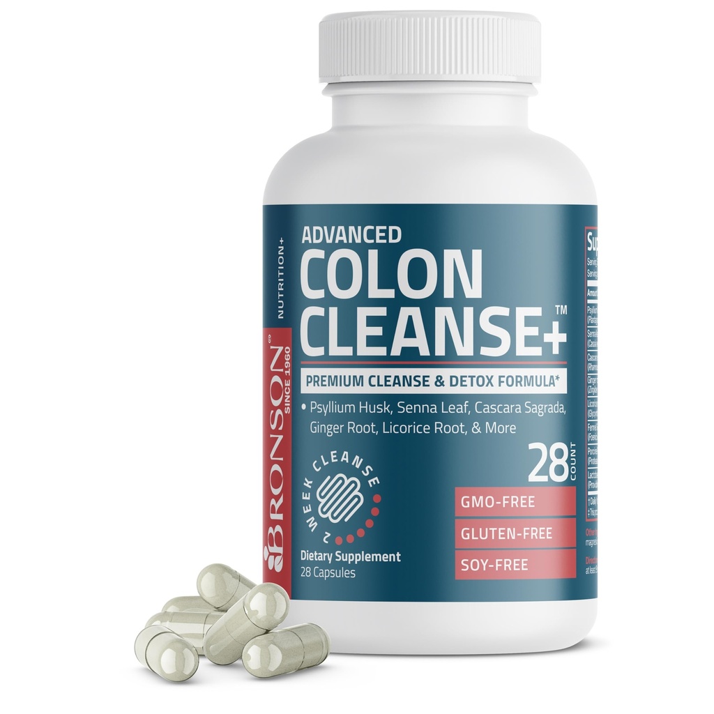 Bronson Advanced Colon Cleanse Premium 14 Day Cleanse & Detox Formula avec Psyllium Husk, Senna Leaf, Cascara Sagrada, racine de gingembre, racine de réglisse et plus, non-OGM, 28 capsules