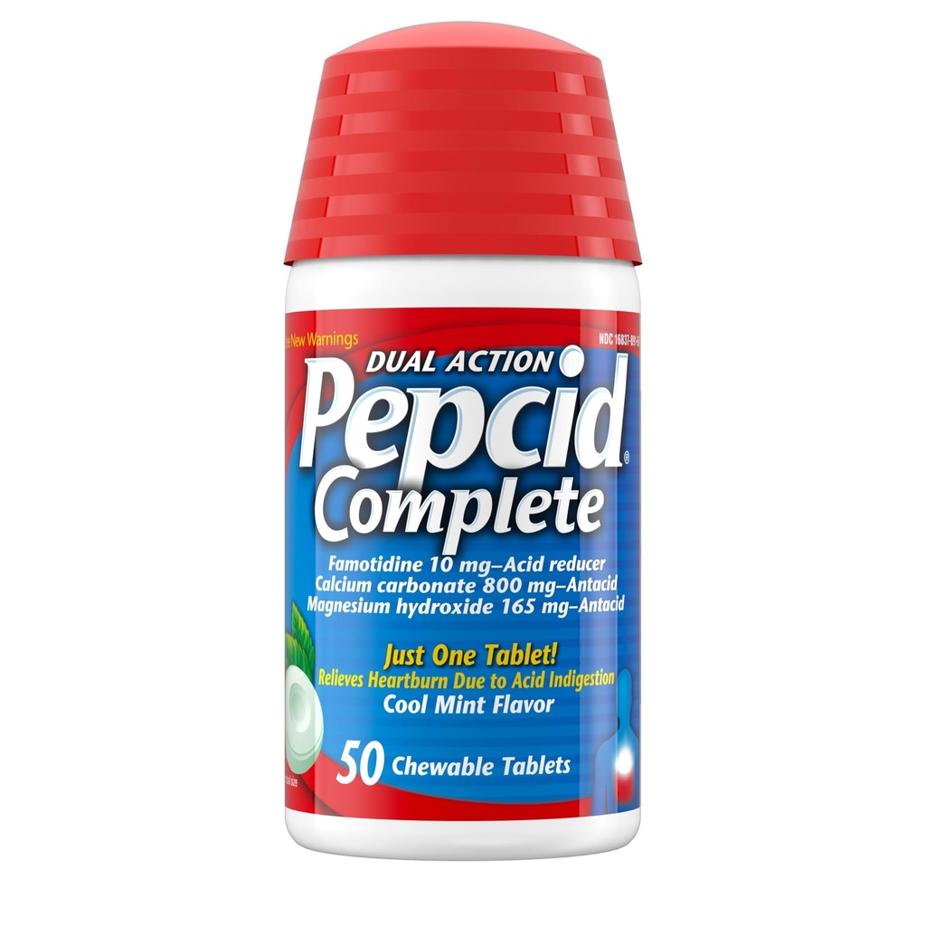 Pepcid Complete Acid Reducer + Antacid for Acid Reflux, 10mg Famotidin, 800mg Calcium Carbonate & 165mg Magnesium Hydroxide per Heartburn Medicine Tablet, Antacid Chews, Mint, 50 ct