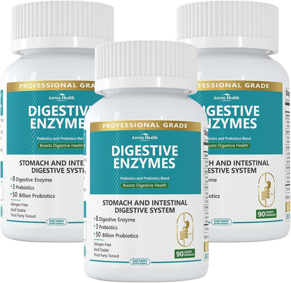 800mg Enzymes digestifs pour les hommes et les femmes avec probiotiques et prébiotiques, 8 enzymes clés, protéase, Amylase et lipase 270 Capsules - Un approvisionnement de 90 jours pour Bloating & Gas Relief - Non-OGM
