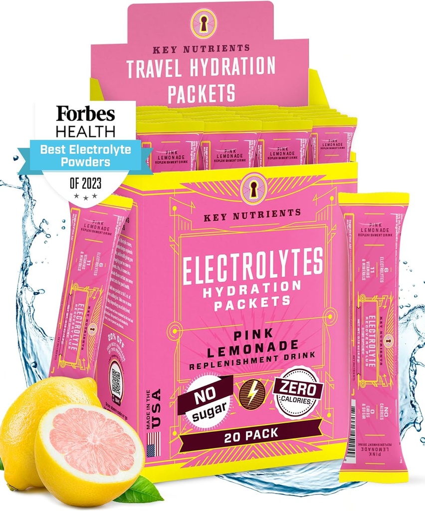 KEY NUTRIENTS Elektrolyt-Pulver-Packets - Frische Pink Lemonade 18 Pack Hydration Packets - Travel Hydration Powder - Kein Zucker, keine Kalorien, Glutenfrei - Made in USA