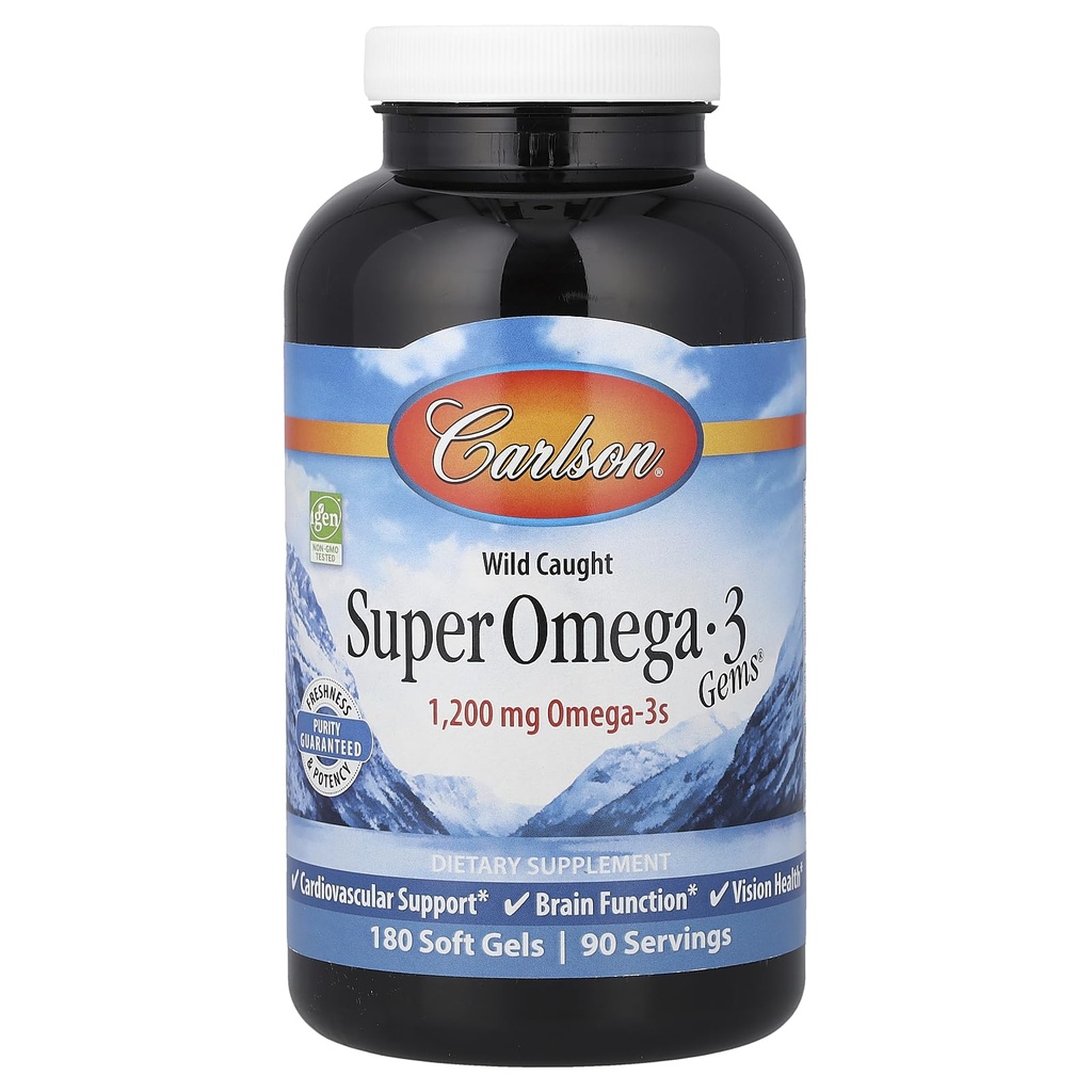 Carlson - Super Omega-3 Gems, 1200 mg Omega-3s, Herz-Kreislauf-Unterstützung, Gehirnfunktion & Vision Gesundheit, 180 weiche Gele