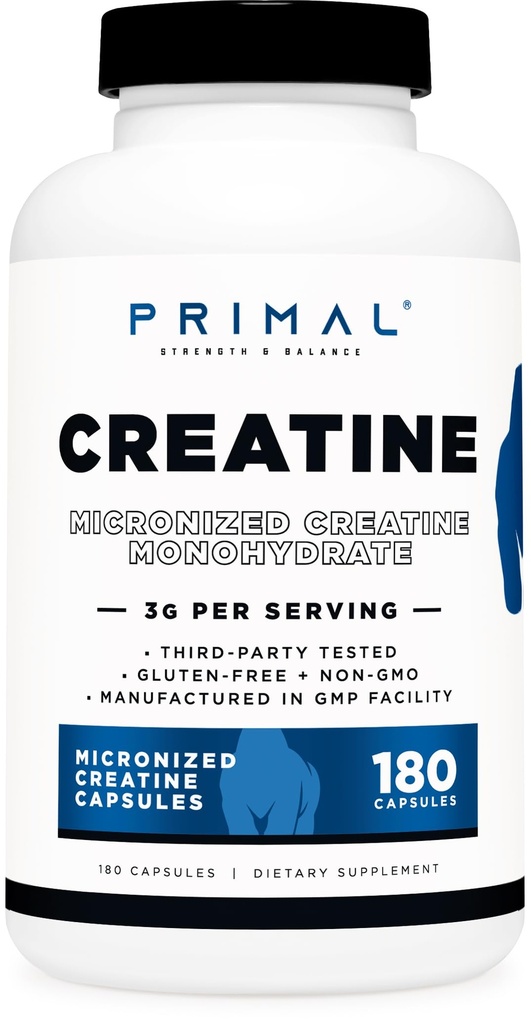 Primal Creatine Monohydrat (3.000 Mg, 180 Caps) - Mikronisierte Creatine-Ergänzung, 750mg Pro Capsule, Groß für Preworkout und Recovery - Glutenfrei, Non-GMO
