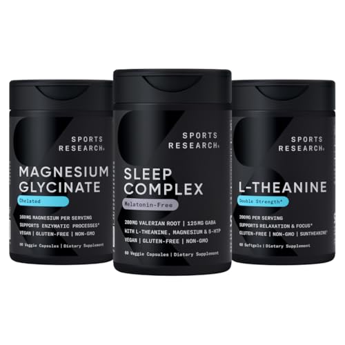 Recherche Sportive Double force L-Theanine Supplément Softgels pour Focus & Relaxation, Magnésium Glycinate pour le sommeil reposant et les processus enzymatiques + Complexe de Sommeil Capsules Vegan Sans Melatonine