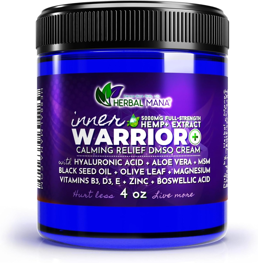 Kräuter Mana Inner Warrior Cream, 5000mg Hanf, 99,9% reine DMSO, Nerve Calming, Muskel Relief - Organisches Magnesium, MSM, Lavender & Rosenöl