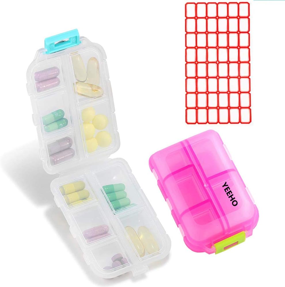 Pill Case (2 Pack) - Tragbare kleine Ergänzungen Tablet Container Box mit 10 Komponenten - Medizin Kapsel Vitamin Organizer Dispenser Halter für Reise Trip Pocket Purse (Pink+White)