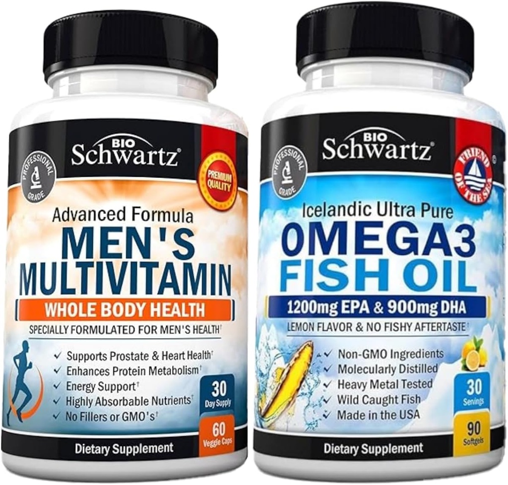 Advanced Daily Men's Multivitamin mit Vitamin C A B D3 E und Zink (1 Monat Versorgung) Plus Dreifache Stärke Omega 3 Fish Oil Softgels (1 Monat Versorgung)