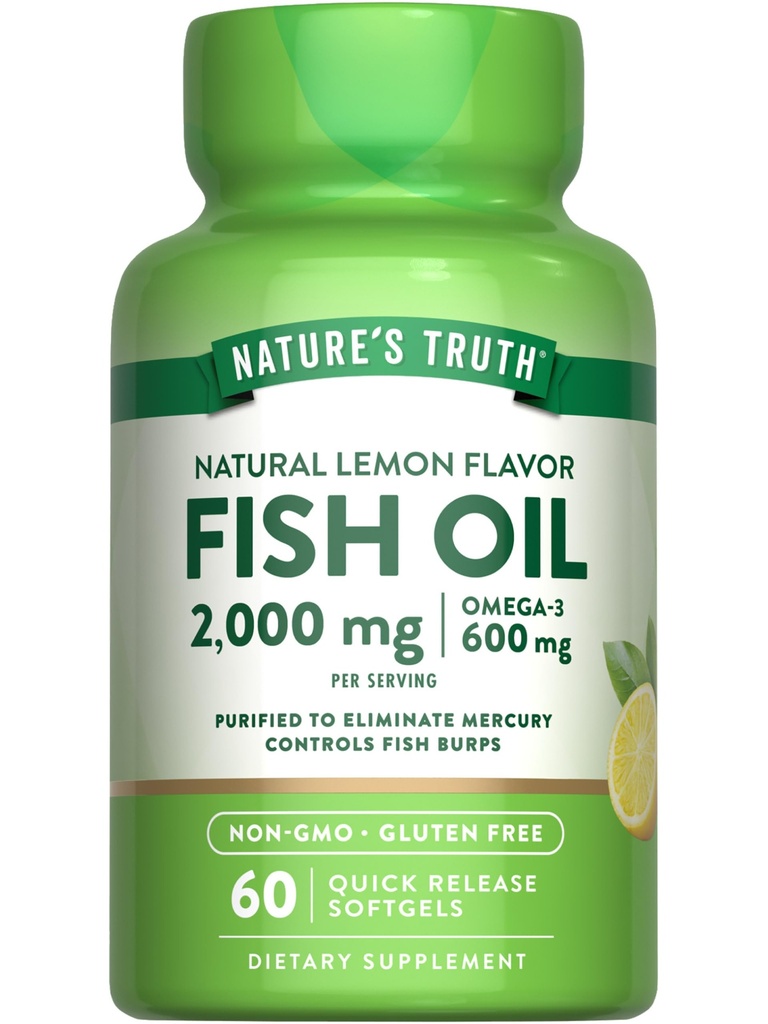 Nature's Truth Fish Oil Omega 3 Supplement | 2000mg | 60 Softgels | EPA & DHA | Lemon Flavor | Non-GMO und Gluten kostenlos