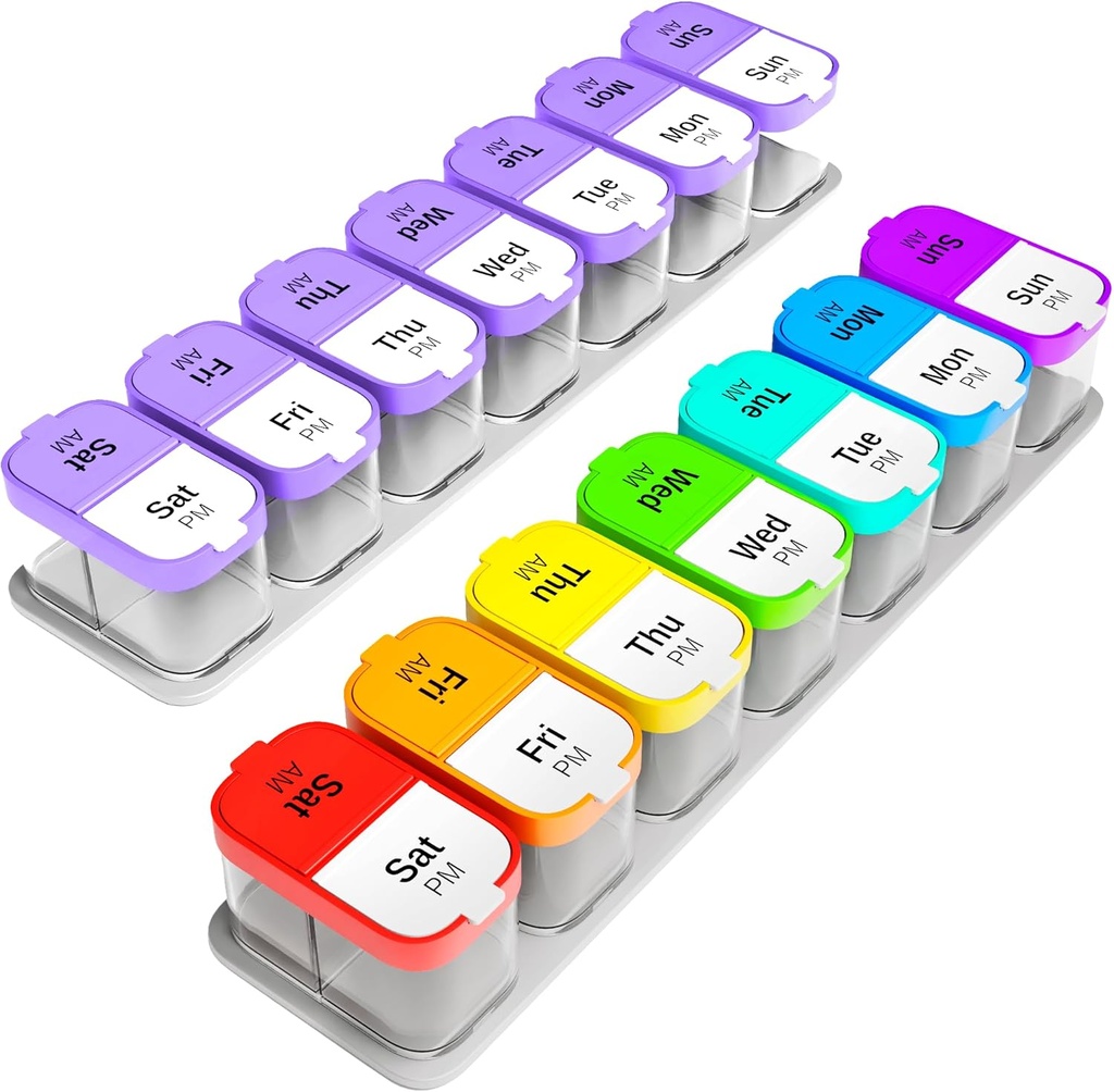 Extra Large Weekly Pill Organizer Set - 2 XL Vitamin Halter mit 7 Detachable AM Komponenten - Zuverlässige Medizin Spender für Zuhause und Reisen, Big Supplement Container, Rainbow & Purple/White