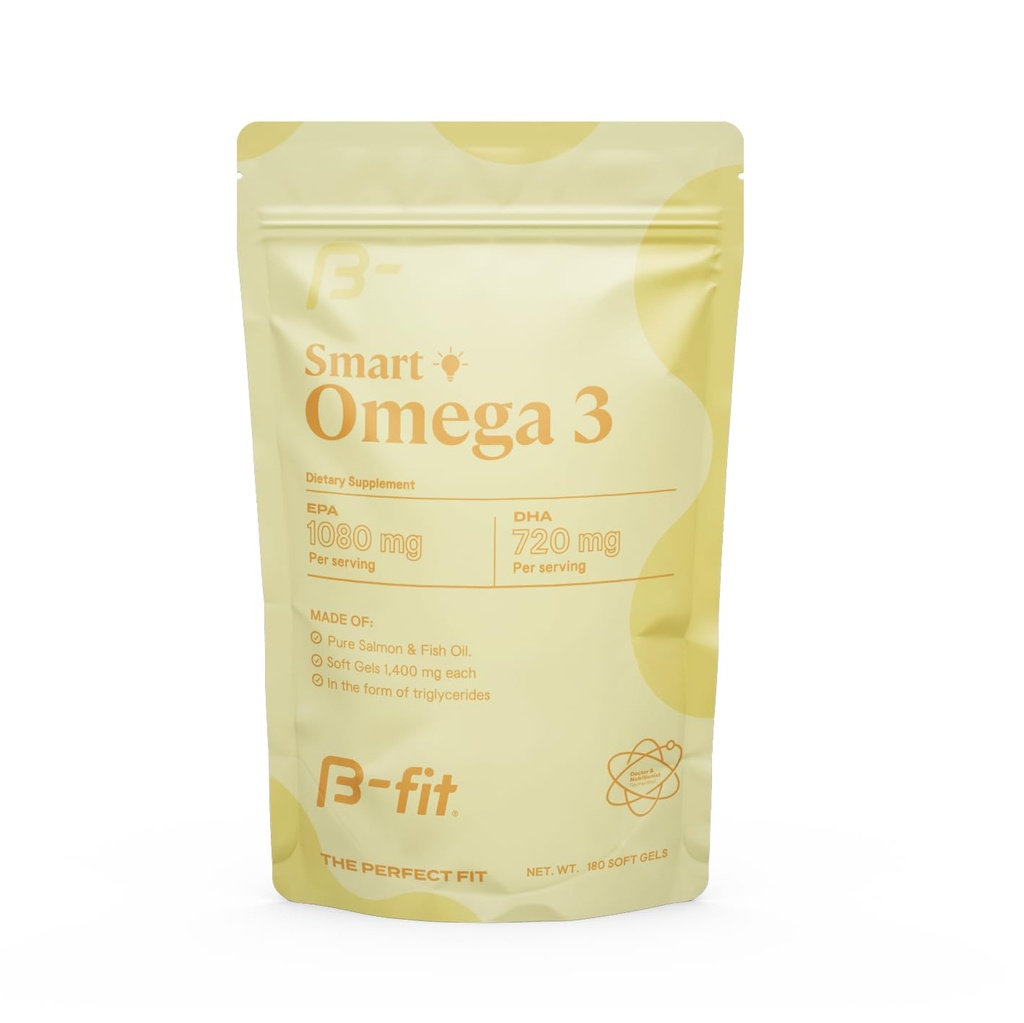 B-FIT Omega 3 Huile de poisson - Formule brevetée à haute puissance - 1800 mg avec 1080 mg EPA et 720 mg DHA - 180 Softgels sans odorants du saumon norvégien - 60 jours d'approvisionnement - Soutien cardiaque, cérébral et articulaire
