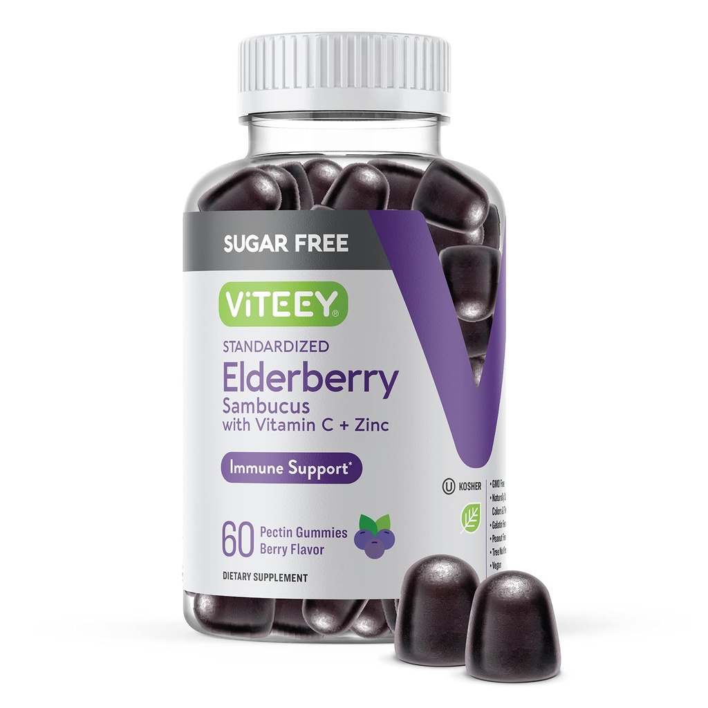 VITEEY Sambucus Gommies de mûre aînée pour adultes et adolescents + zinc et vitamine C - Sans sucre - Supplément à base de plantes immunosupport et booster - végétalien, sans gluten, sans gélatine, sans OGM, aromatisé aux baies à croquer