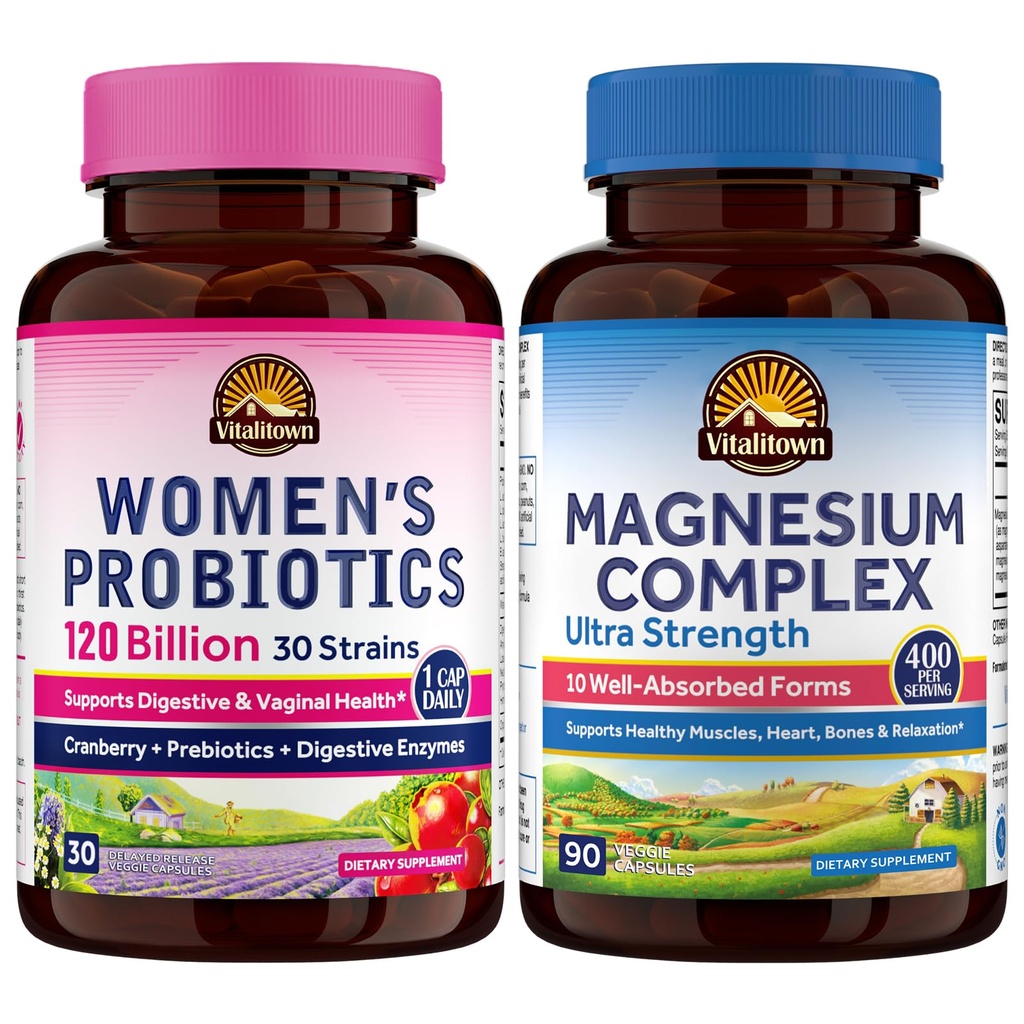Vitalitown Magnesium + Probiotic Bundle (Pack von 2) | 10-in-1 Magnesium Complex & Women’s Probiotics 120 Billion CFUs | 90 Magnesium Caps & 30 Probiotic Caps