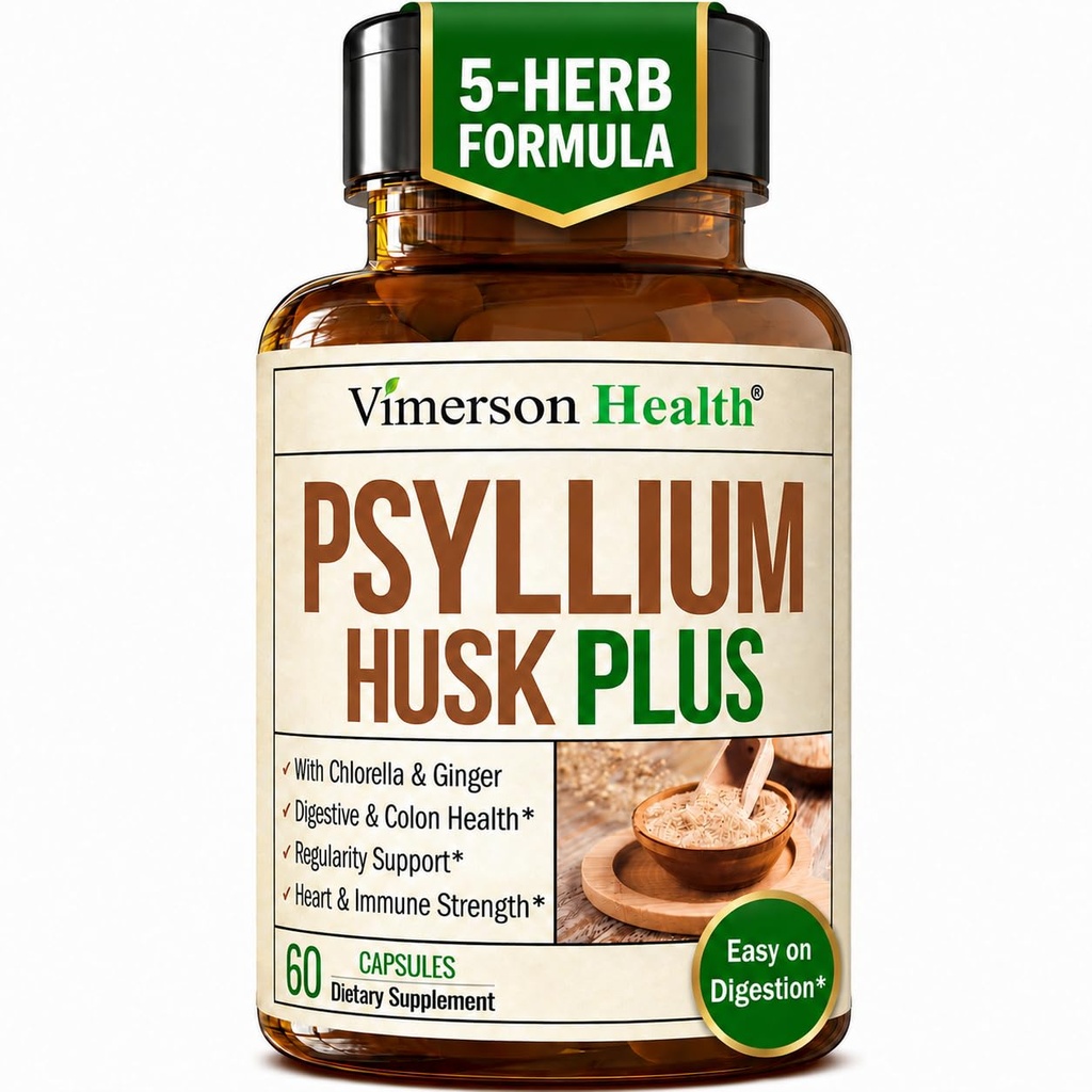 Supplément fibreux avec 1080mg Poudre de Psyllium Husk, Elme de Slippery pour les femmes et les hommes, Racine de gingembre – Pilules de fibre haute pour la régularité, la digestion et la santé de la gueule – Doucement sur l'estomac 60 Psyllium Husk Capsules