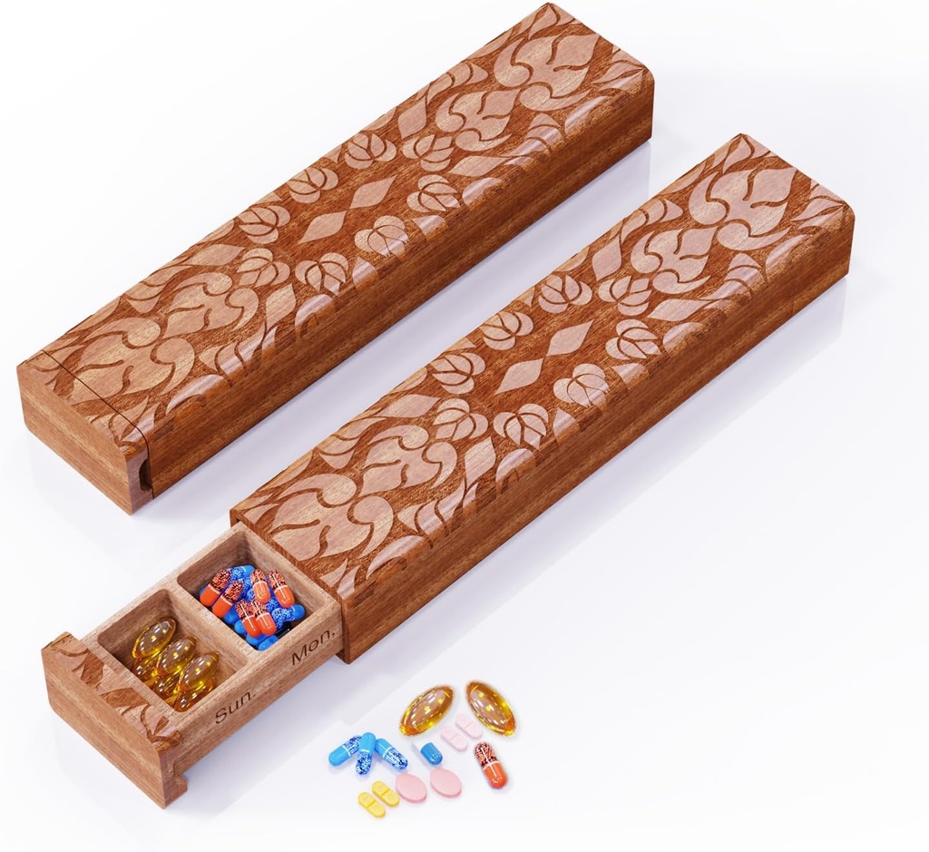 Organisateur de pilules en bois, boîte à pilules de 7 jours, boîte à pilules de voyage, protection de la vie privée des cas de pilules en bois parfait pour les médicaments, vitamines, huiles de poisson, suppléments (sapele)