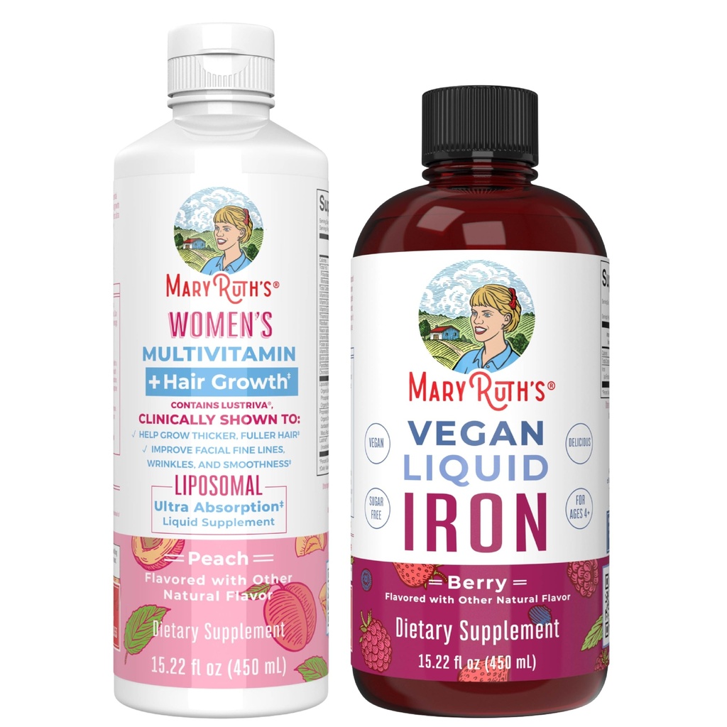Multivitamines féminines de MaryRuth + croissance capillaire Liposomale (Peach) & liquide de fer (Berry)