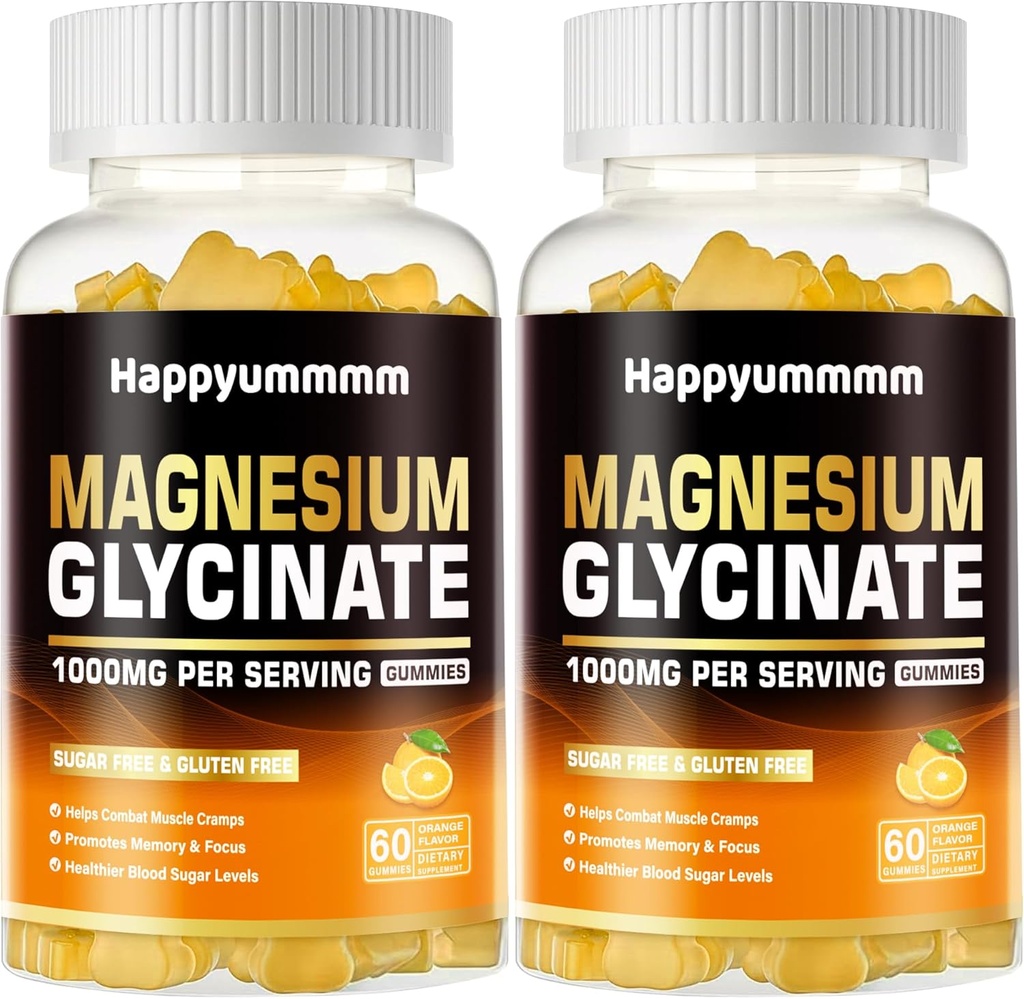 Magnesium-Glycinat-Gummien 1000mg - Zuckerfreie Magnesium-Kalium-Ergänzung mit Vitamin D, B6, CoQ10 für ruhige Stimmung & Schlaf-Unterstützung - 120 Orangen-Gummien.