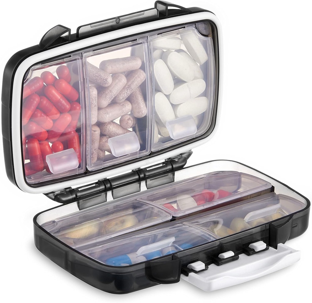 Fullicon Portable Pill Organizer Weekly, Small Travel Pill Case mit 7 Kompartment, Feuchtigkeits- und luftdichte Pille Box, Reise Pillenhalter für Vitamine/Fische Öle/Ergänzungen
