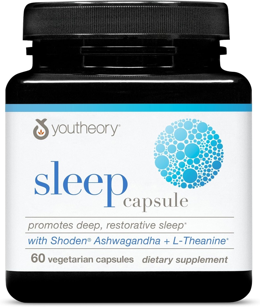 Youtheory Sleep Capsule - Supplément de soutien du sommeil végétalien avec fleur de passion, baume citronné, L-théanine et Ashwagandha* - 60 Capsules végétariennes